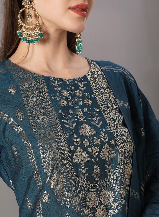 globus Women Teal Embroidered Straight Kurta with Pant and Dupatta Set - Image 3